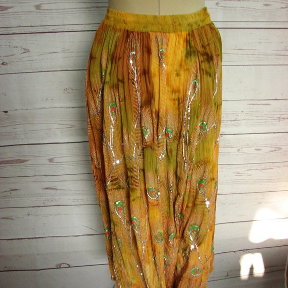 Brown Green Orange Yellow Sequin Peacock Skirt - Picture 7 of 16